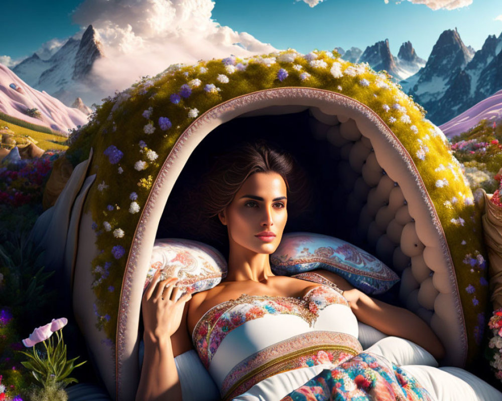 Woman reclining in floral archway in fantasy landscape with mountain peaks