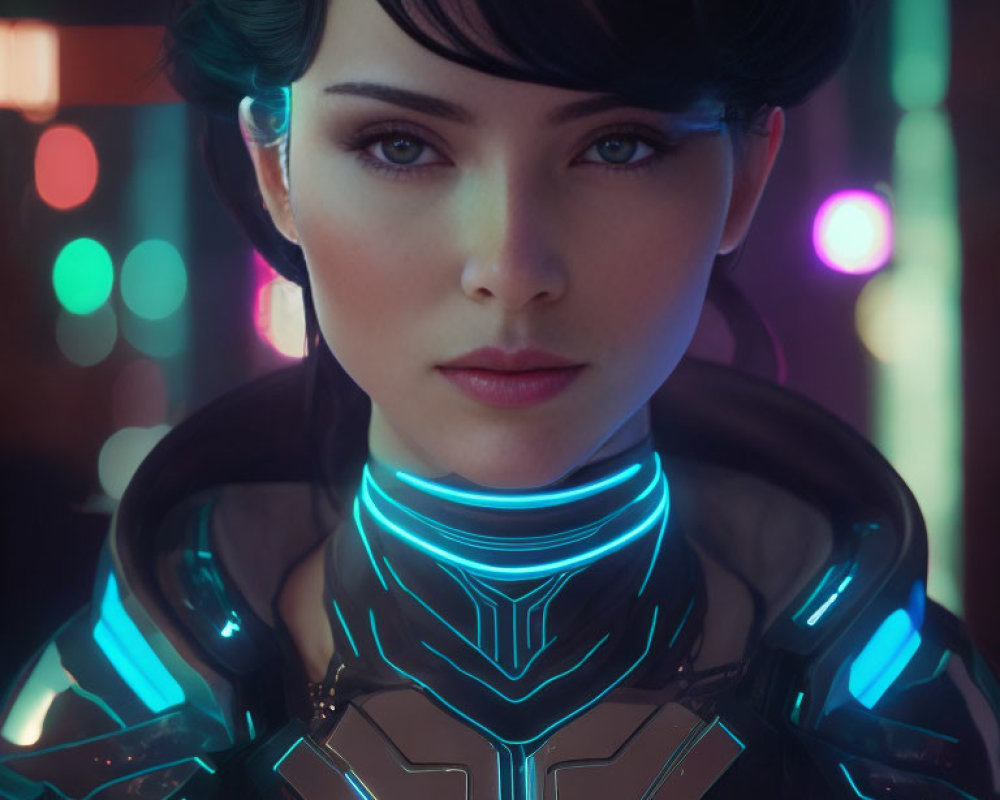 Female character in cybernetic armor with glowing blue details in futuristic digital artwork