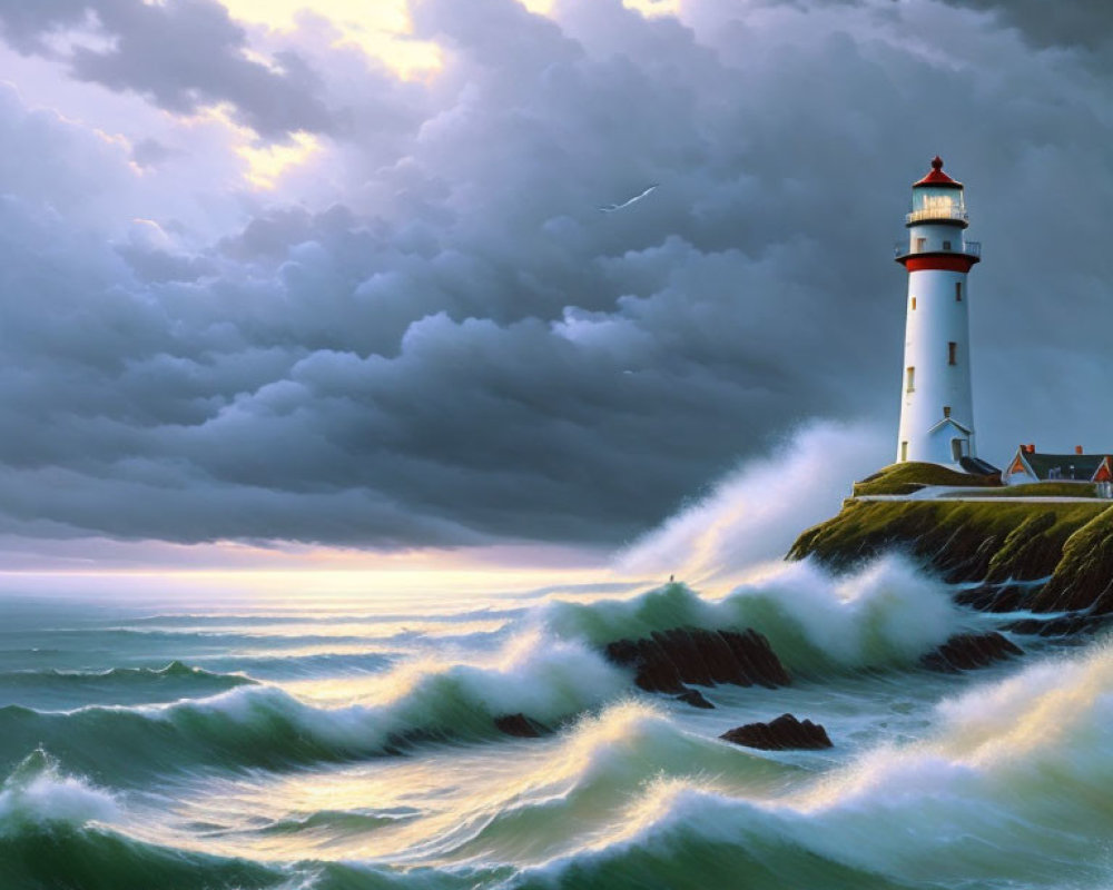 Rugged Cliff Lighthouse in Stormy Sky