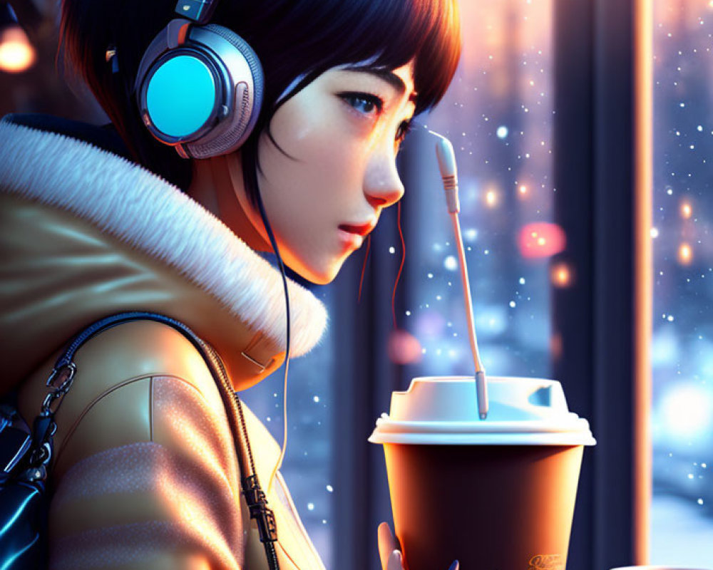 Digital Artwork: Woman with Headphones Looking Out Window at Night with Coffee Cup