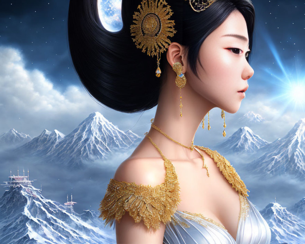 Digital artwork: Woman in golden jewelry, snowy mountain, starry sky, crescent moon