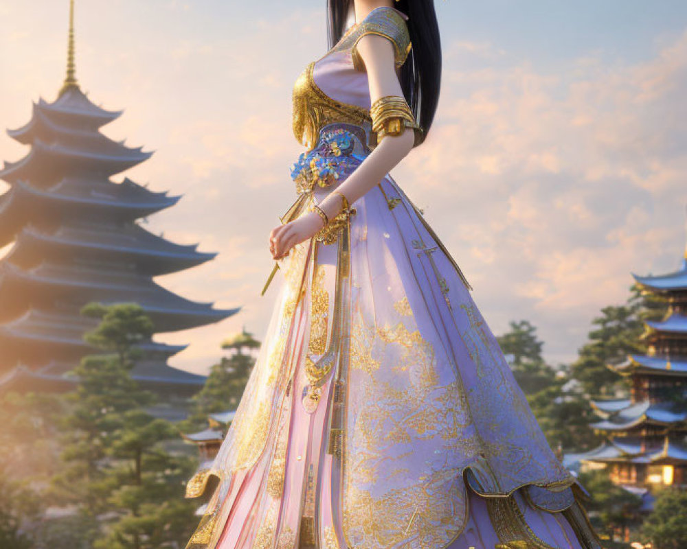 Digital artwork: Woman in ancient Asian royal attire with pagoda-style buildings at sunset