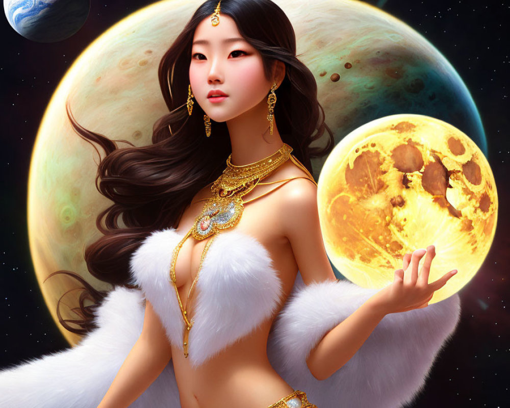 Digital Artwork: Woman in White Fur with Dark Hair and Gold Jewelry in Cosmic Setting