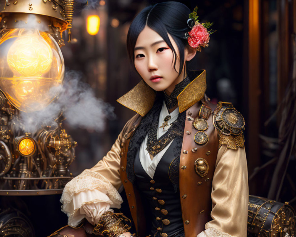 Steampunk-themed woman with red flower in hair next to glowing machinery