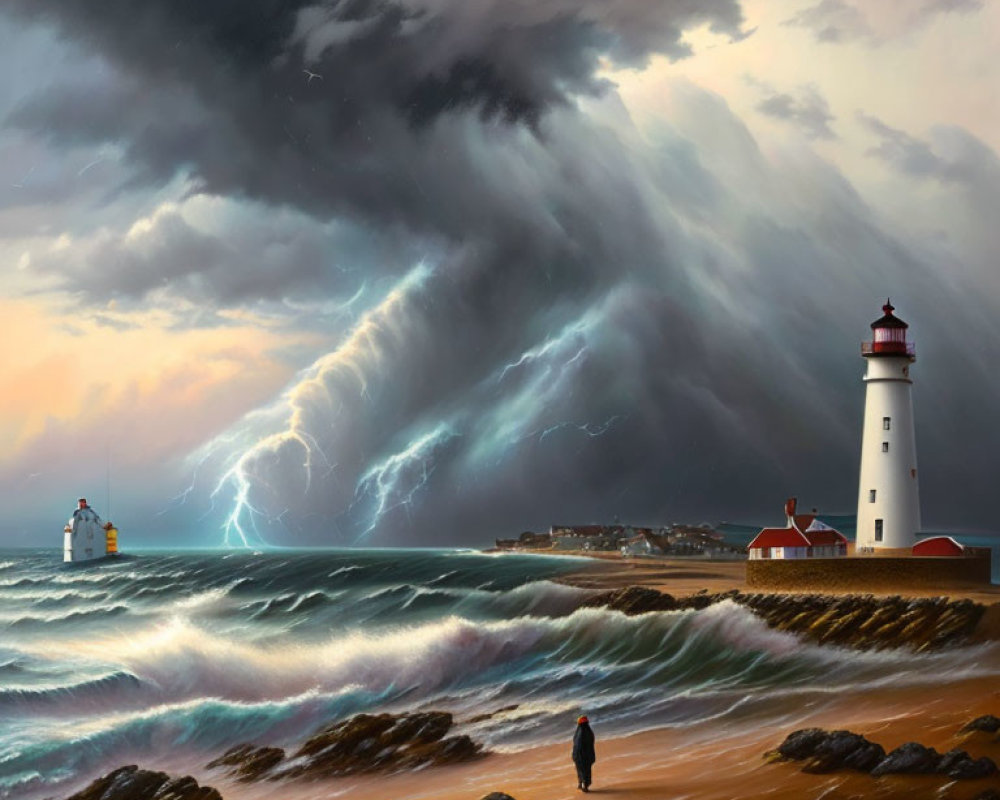 Dramatic coastal scene with lighthouse, lightning, crashing waves, and solitary figure