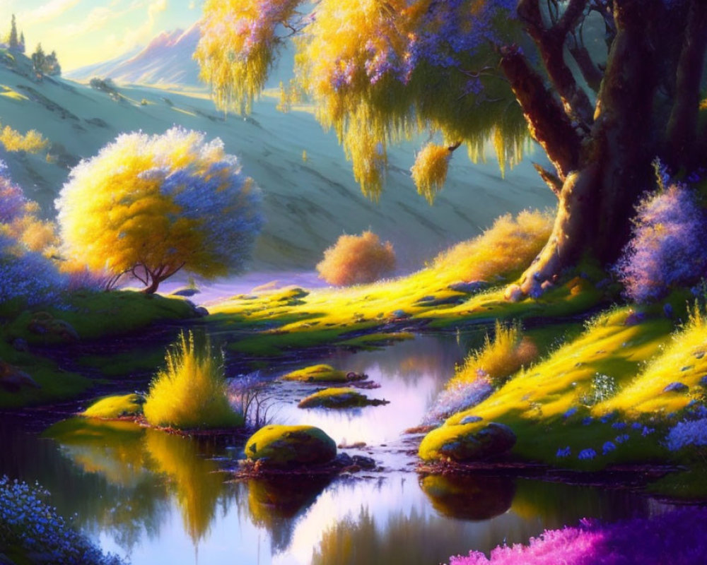 Vibrant fantasy landscape with peaceful river and colorful flora