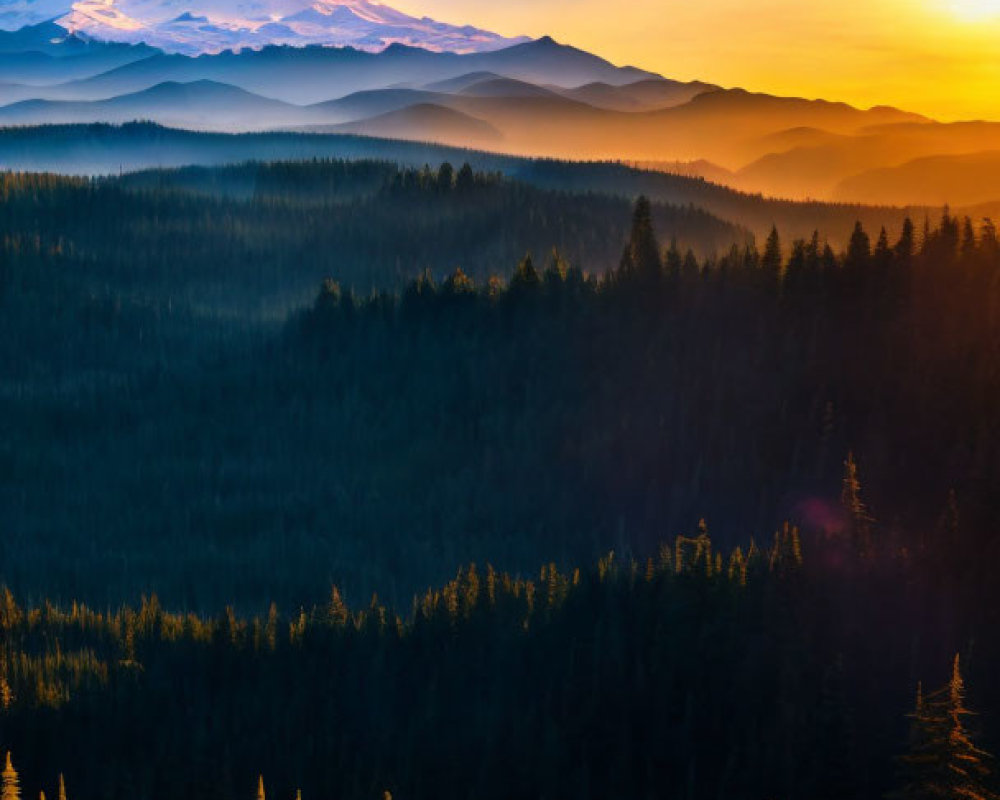 Majestic mountain peak with misty forested hills under vibrant sky