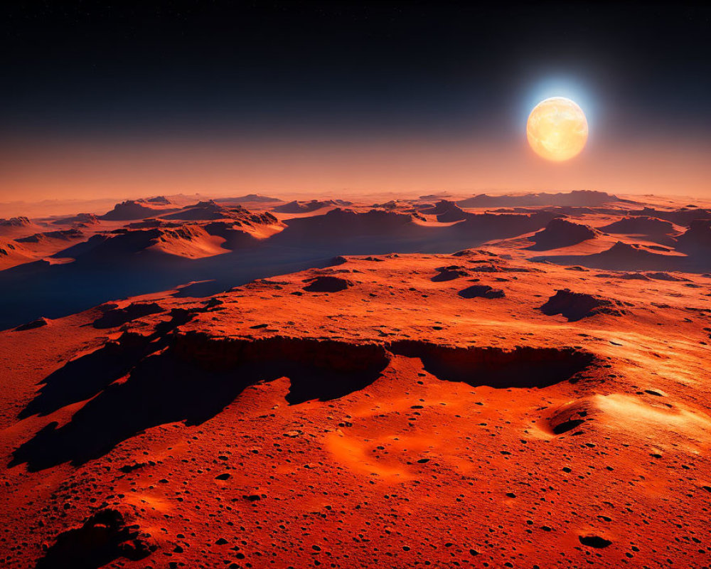 Alien planet landscape with glowing molten fissures and red-orange palette