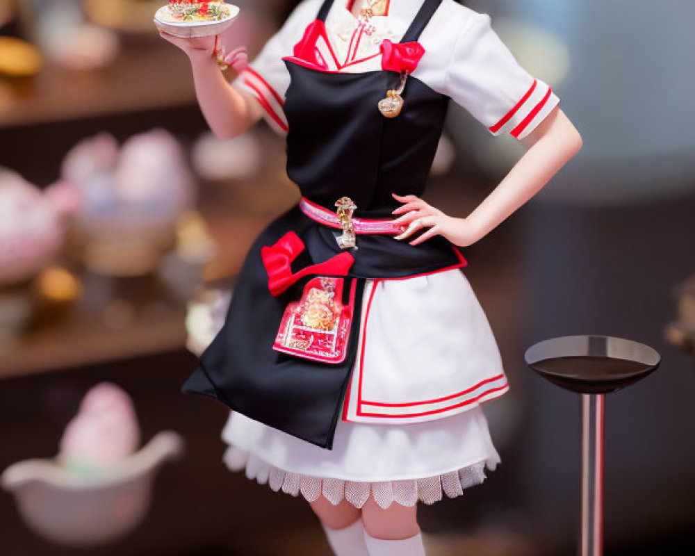 Black-Haired Maid Figurine Holding Teacup in Traditional Uniform