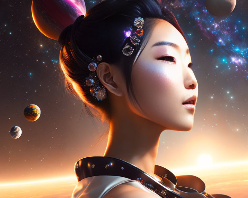 Digital artwork: Woman with East Asian hairstyle and jewelry in space setting