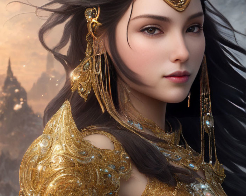 Woman in ornate golden armor with black hair in mountainous sunset setting