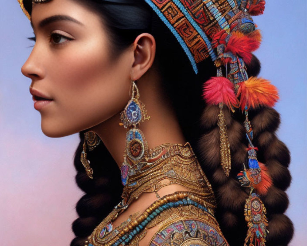 Tribal jewelry adorned woman with ornate headdress and braided hair