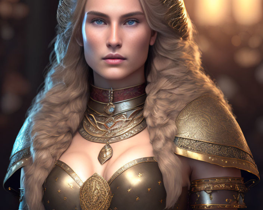 Blonde woman in gold armor with blue eyes and serious expression