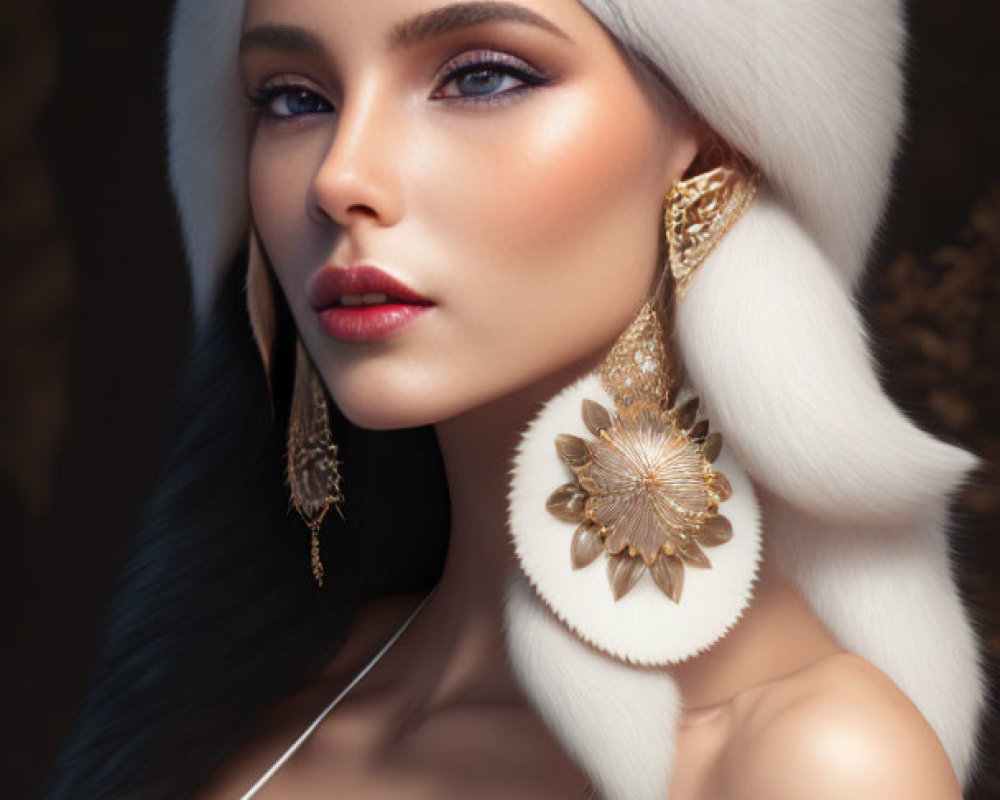 Woman with Blue Eyes, Dark Hair, White Fur Headpiece, Golden Leaf Earrings