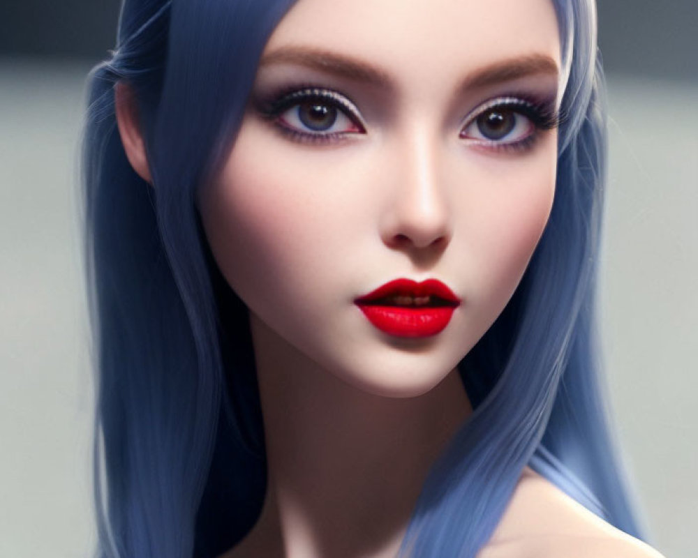 Stylized female character with blue hair and feline ears on grey background