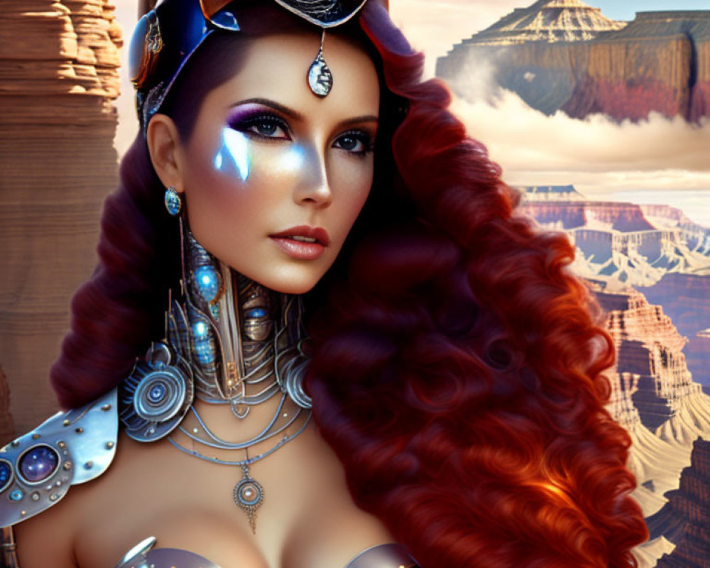 Digital Artwork: Woman with Red Hair in Futuristic Armor at Grand Canyon