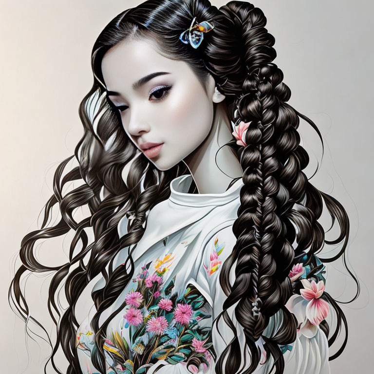 Detailed illustration of woman with intricate braided hair and butterfly clip, wearing floral white blouse.