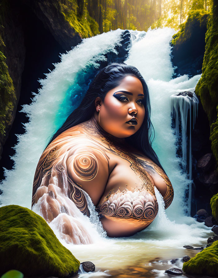 Digital artwork: Woman merged with waterfalls, golden swirls, forest setting