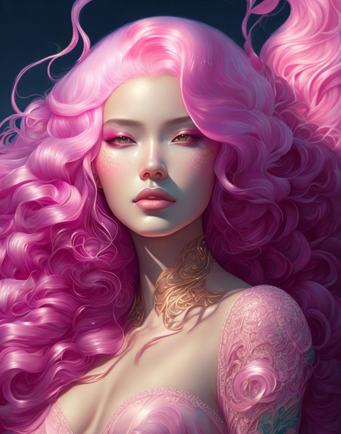 Voluminous pink hair and intricate tattoos on a woman in digital artwork