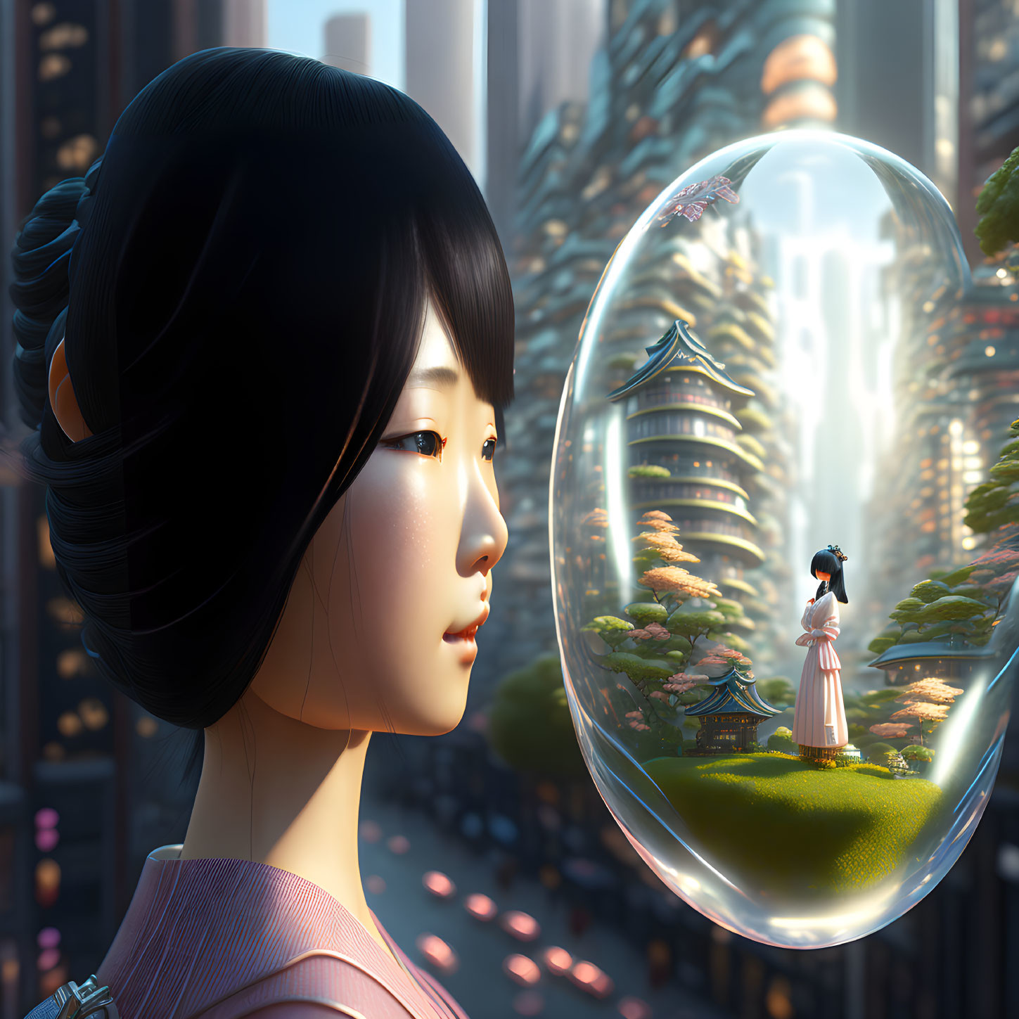 Digital artwork: Woman gazing at smaller self in bubble with serene pagoda scene vs. cityscape