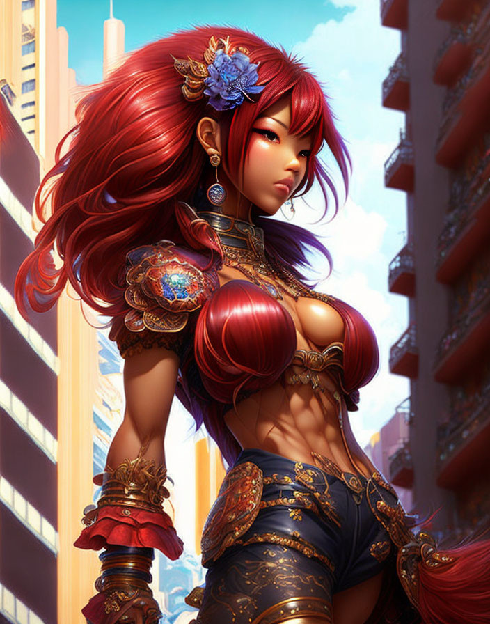 Illustrated female character with red hair in ornate armor and jewelry in urban alleyway