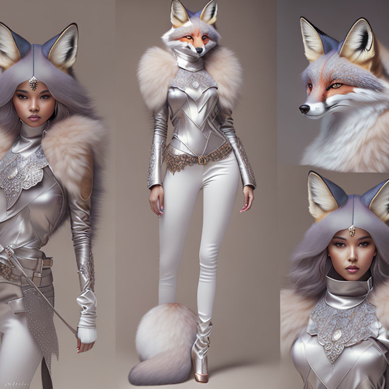 Digital collage of woman with fox-like features in futuristic armor with real fox faces