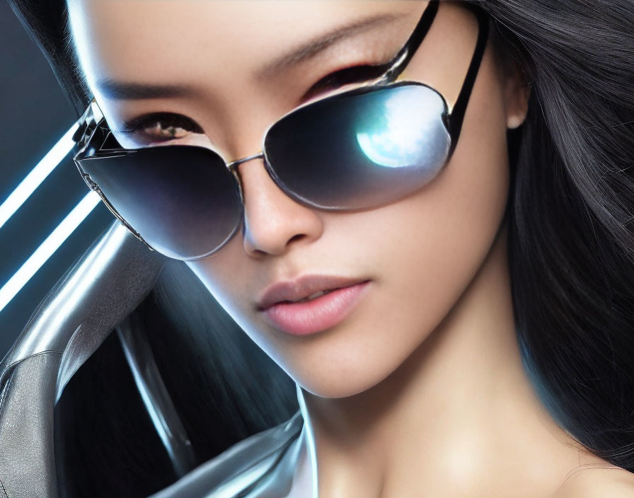 Striking woman in reflective sunglasses against metallic background