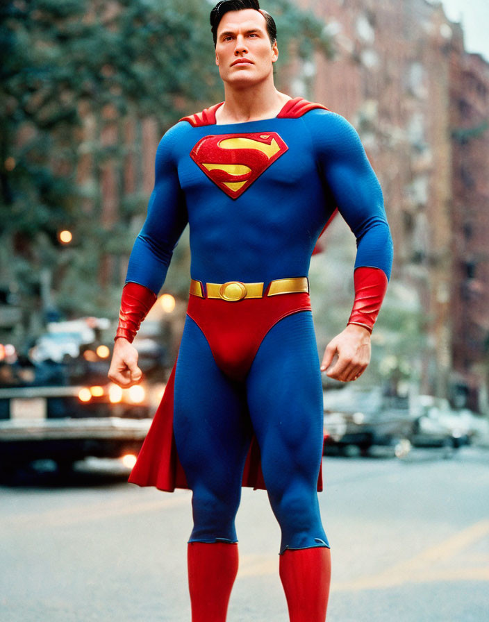 Person in Superman costume on city street