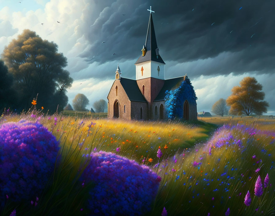 Tranquil church in vibrant flower field under dramatic sky