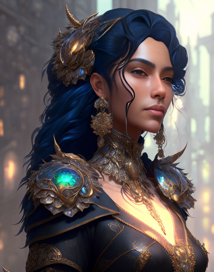 Regal character with blue hair and golden armor featuring mythical motifs