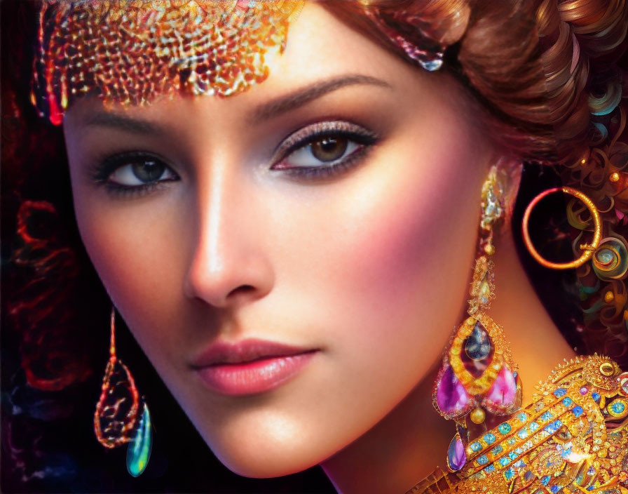 Woman with Striking Makeup and Elaborate Jewelry: Elegance and Exotic Beauty