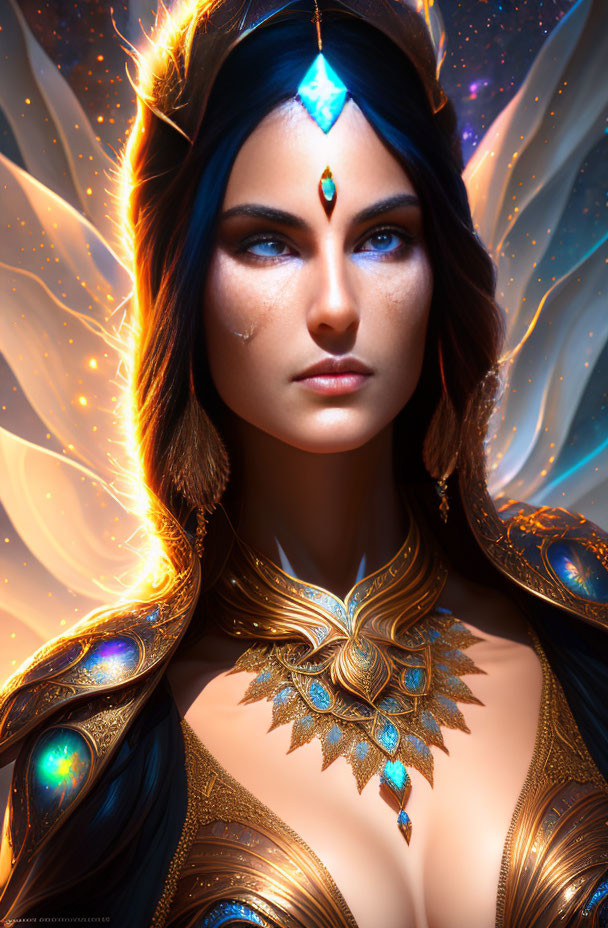 Portrait of woman with blue eyes, golden armor, and ethereal wings on soft backdrop