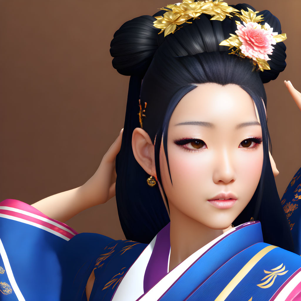 3D render of woman with East Asian hairstyle in blue kimono