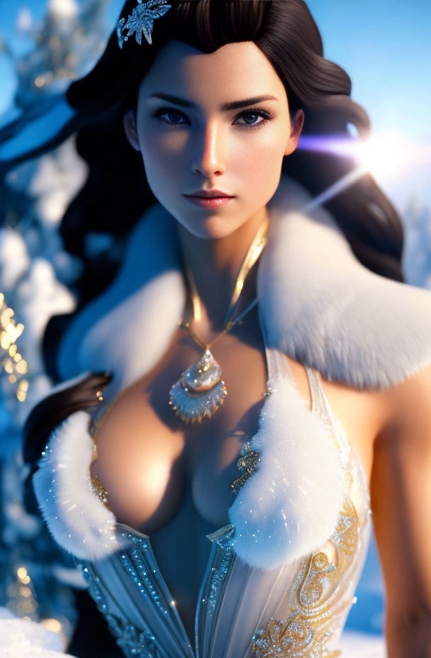 Portrait of Woman in White Fur & Gold Outfit on Snowy Background