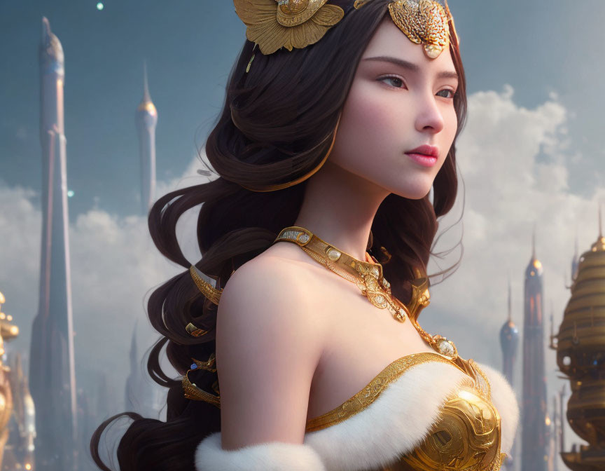 Regal woman with gold jewelry in futuristic cityscape