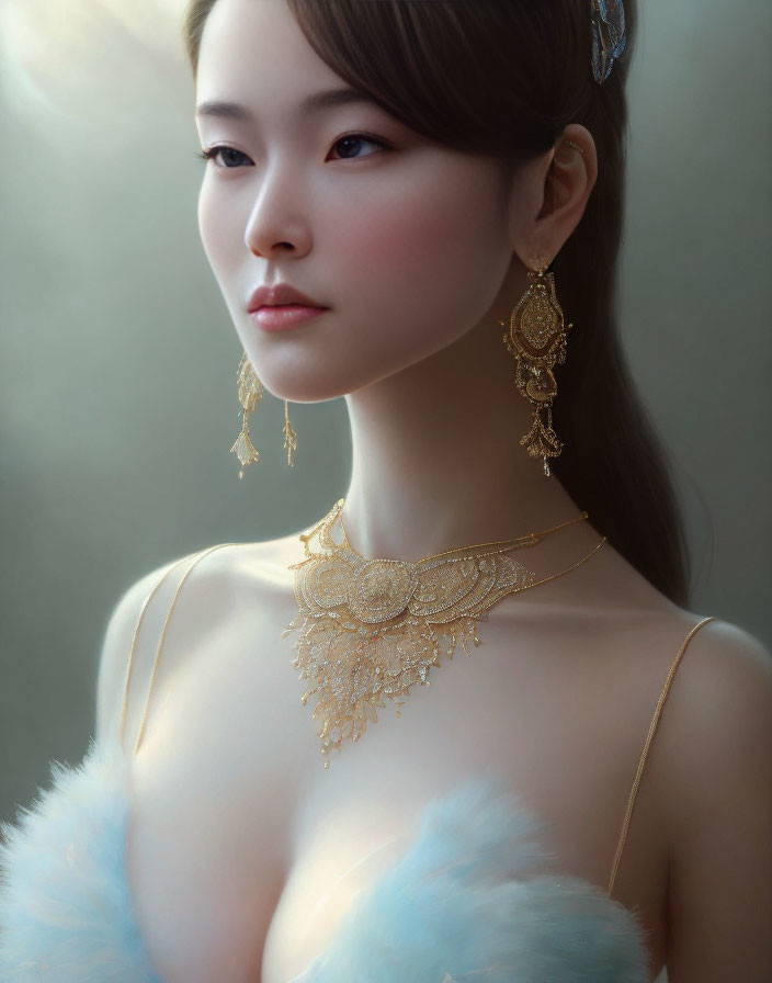 Elegant person adorned with ornate gold jewelry and blue attire