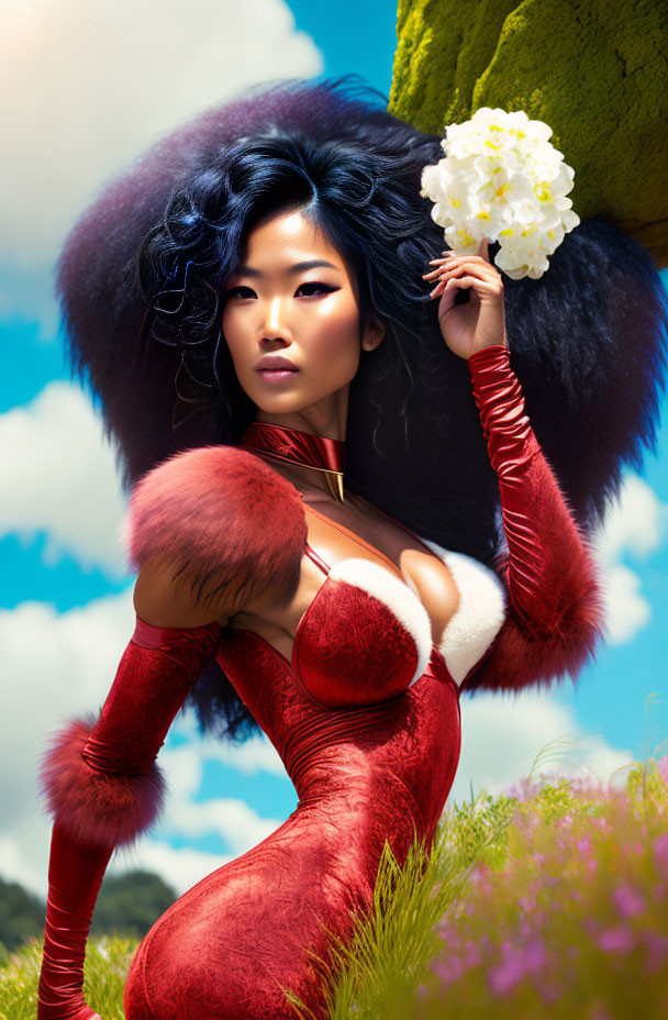 Woman with voluminous black hair in red and white outfit poses in grassy field under blue sky.