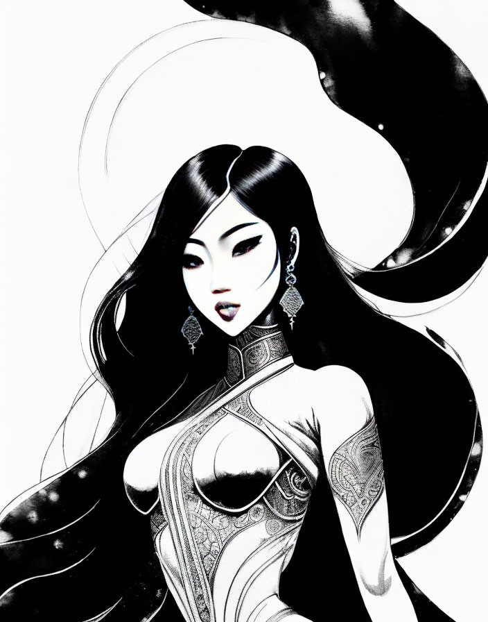 Illustration of woman with long dark hair, tattoos, and swirling bodysuit.