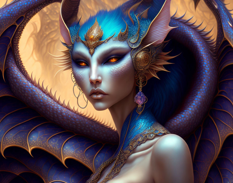 Blue-skinned cat-like humanoid with golden headpiece and jewelry, pointed ears, and wings.