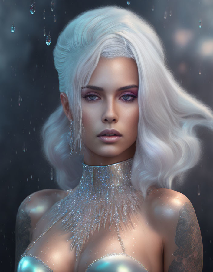 Portrait of woman with silver-white hair, blue eyes, neckpiece, tattoos under raindrops