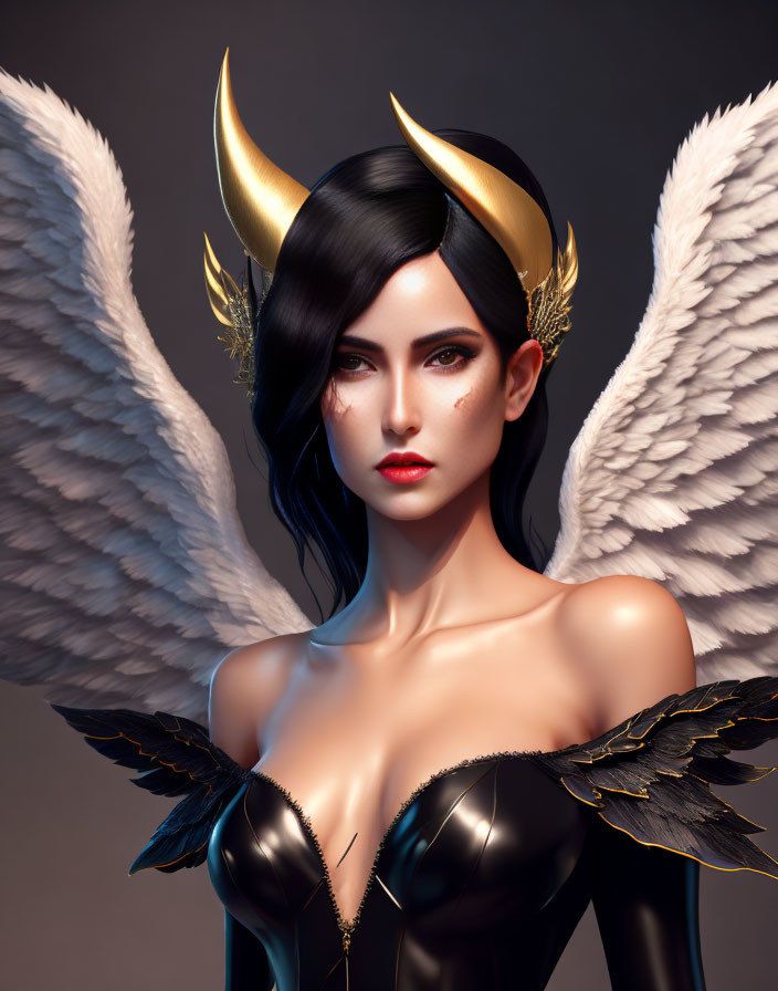 Digital art portrait of female figure with white angel wings, dark hair, horned headpiece, black