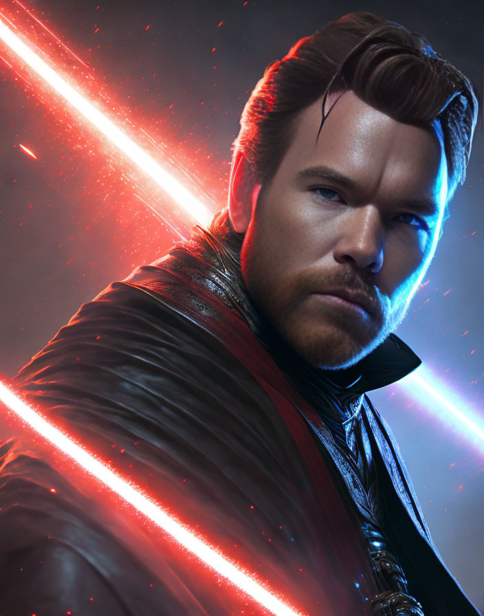 Bearded man in futuristic sci-fi setting with black jacket and red light streaks