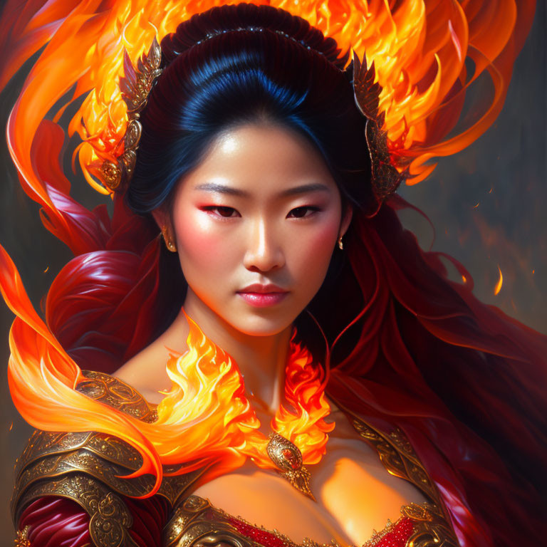 Digital art: Woman with fiery hair, blue undertones, ornate red and gold armor, mystical