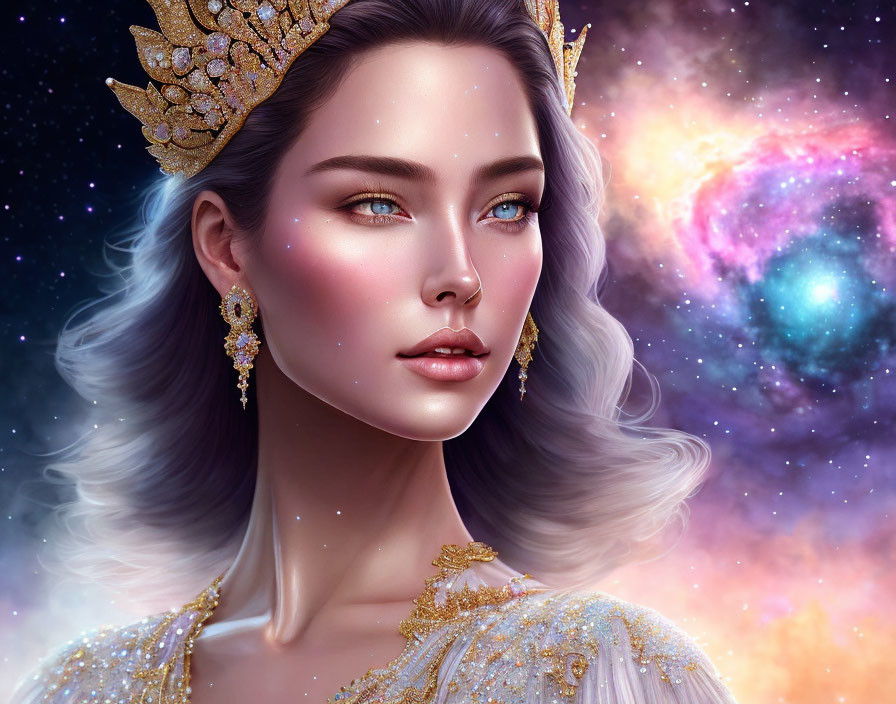 Digital artwork features woman with regal crown and golden jewelry in cosmic setting