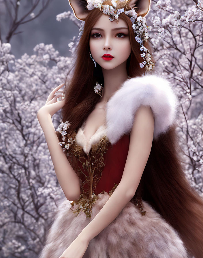 Digital artwork: Woman with fox ears in red & gold corset dress against purple trees