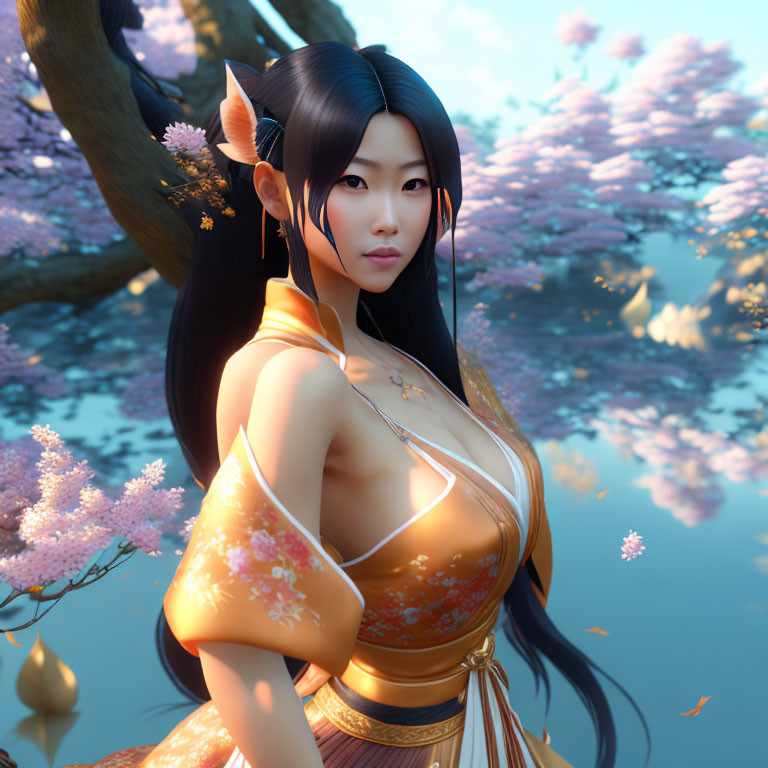 Female Elf 3D Illustration in Orange Attire with Cherry Blossoms