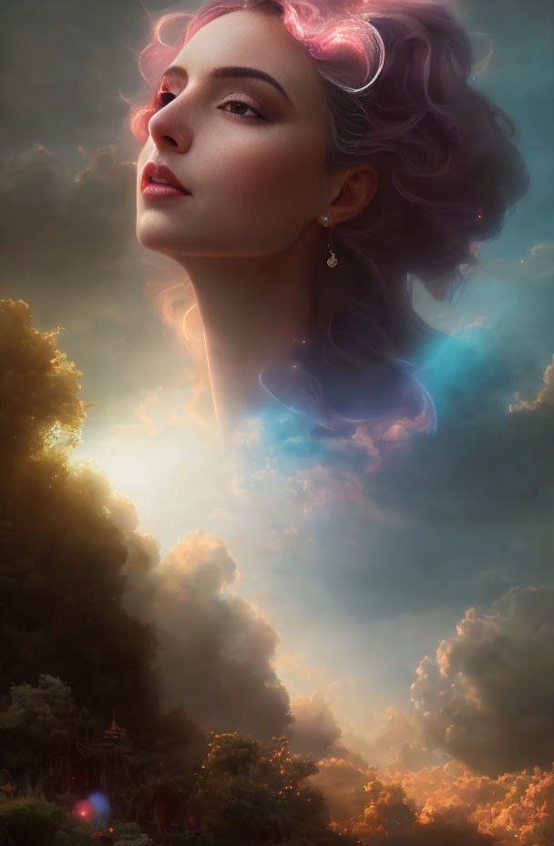 Portrait of Woman with Pink Hair in Dreamy Cloudscape and Pagoda