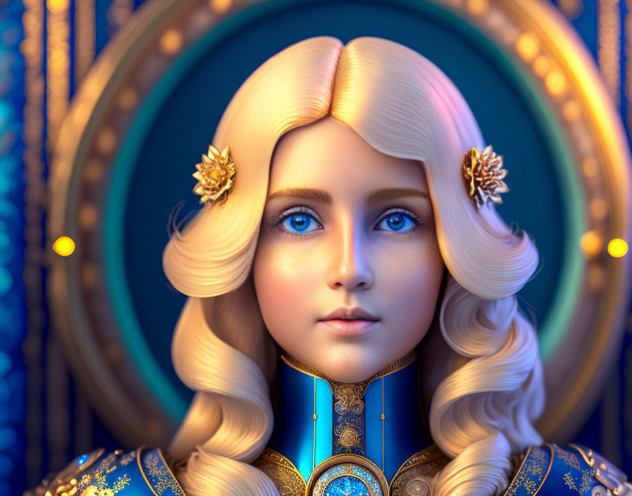 Digital artwork: Female character with golden hair and blue eyes in blue and gold attire against circular pattern background