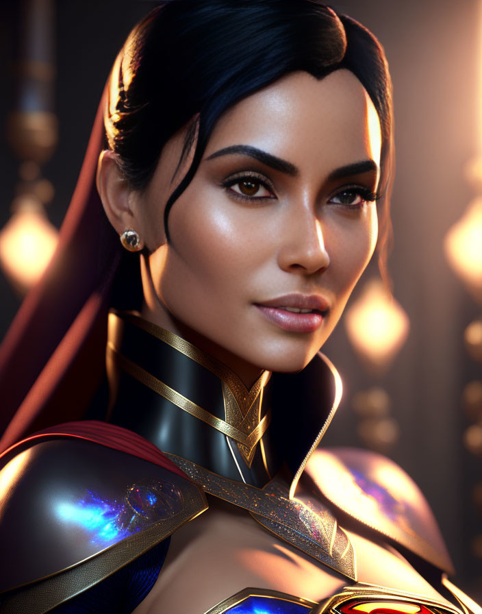 3D artwork of woman superhero in red cape and golden armor