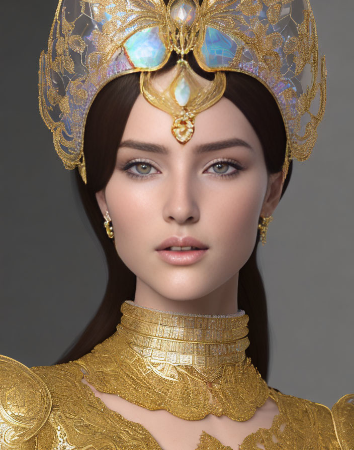 Dark-haired woman in golden ornate headdress and attire